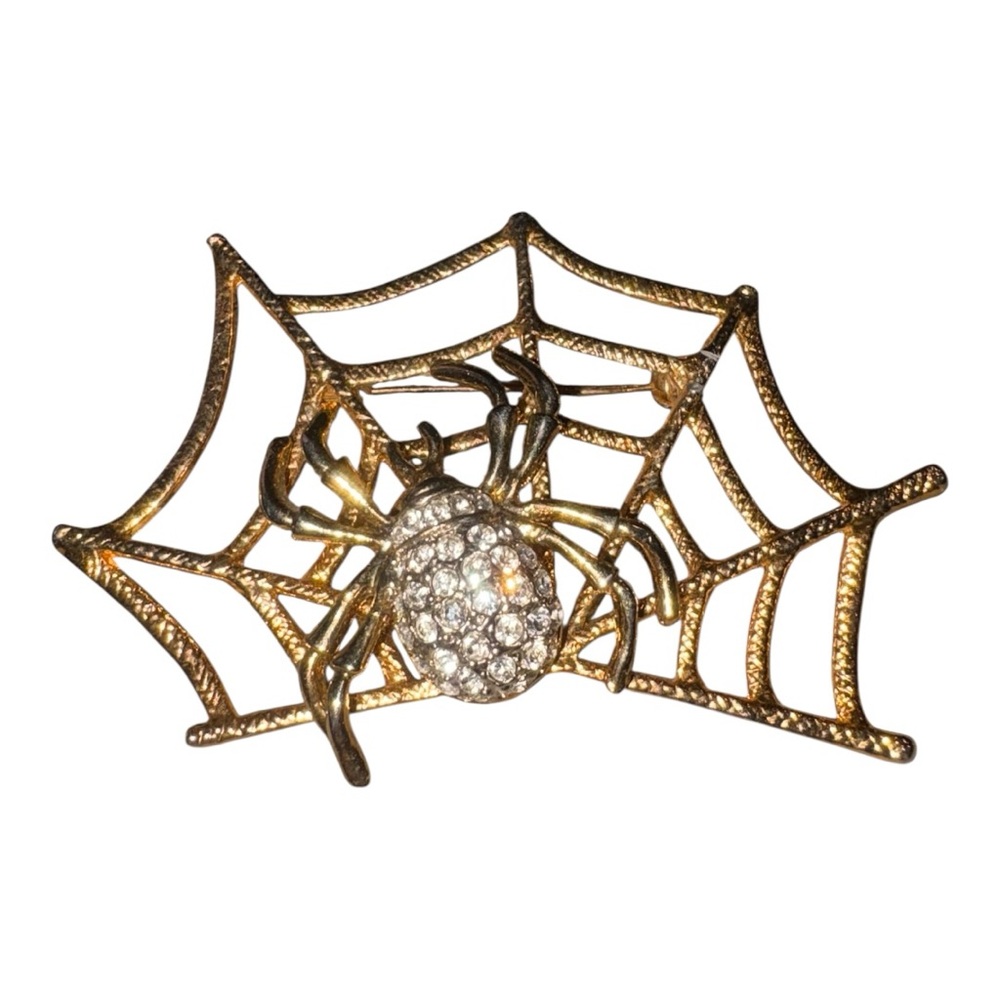 Vintage Spider Web Brooch Rhinestone Detachable Spider Gold Tone Halloween J43